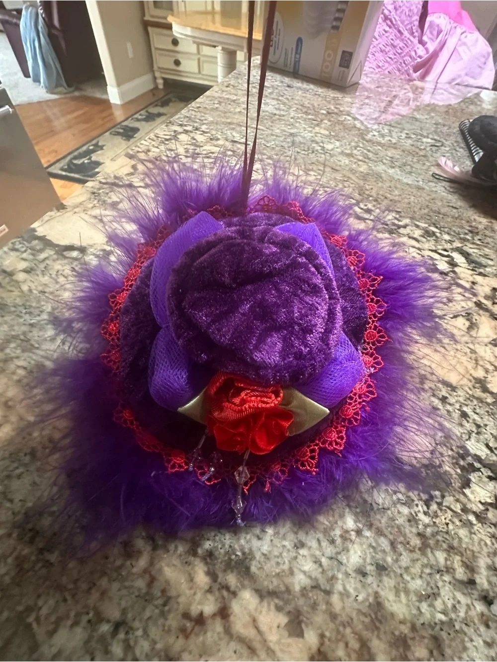 Vintage-Inspired Purple and Red Feathered Pillbox Hat Set - Hanging Decorations